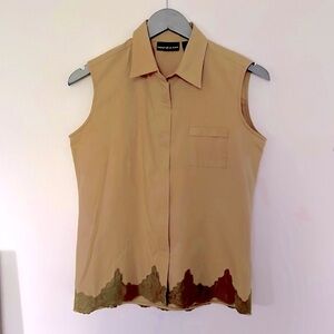 DKNY Jeans Khaki Cotton Zipped Sleeveless Top with Scalloped Lace Hem, S